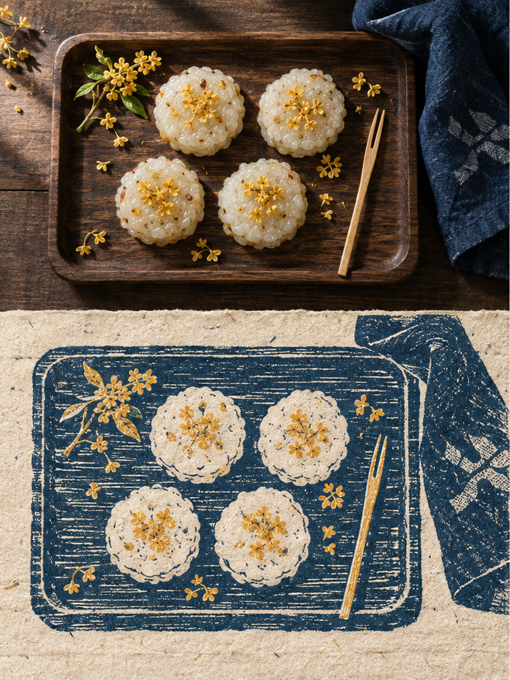 Osmanthus Rice Cake Linocut Diptych