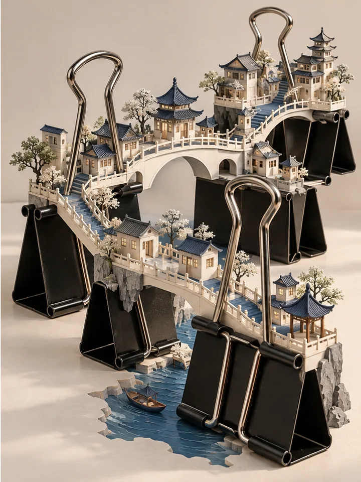 Binder-Clip Skybridge Paper City - Everyday-object paper-city metaphor