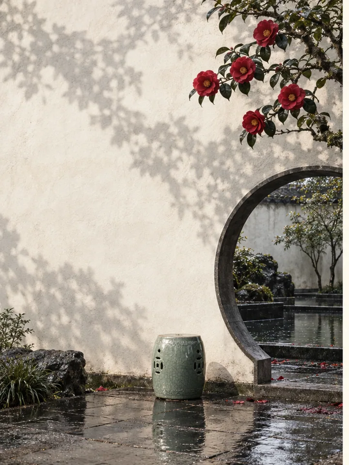 Camellia Against the Wall - Camellia courtyard negative space