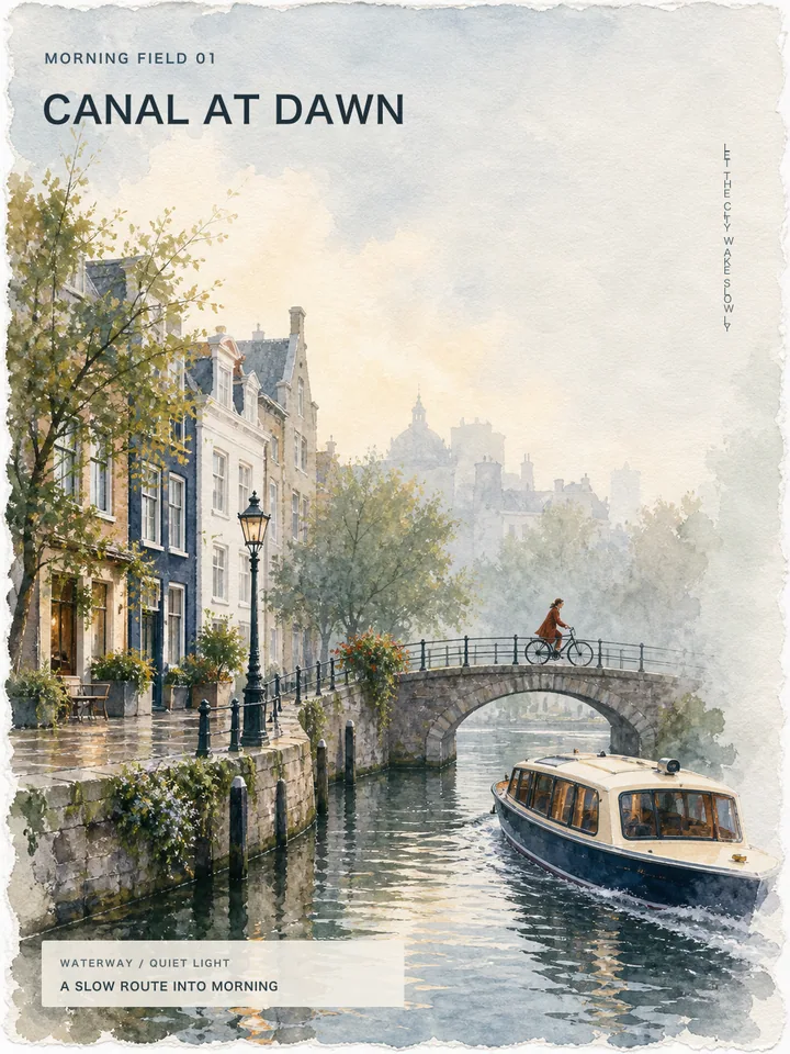 Canal at Dawn - Watercolor city morning editorial