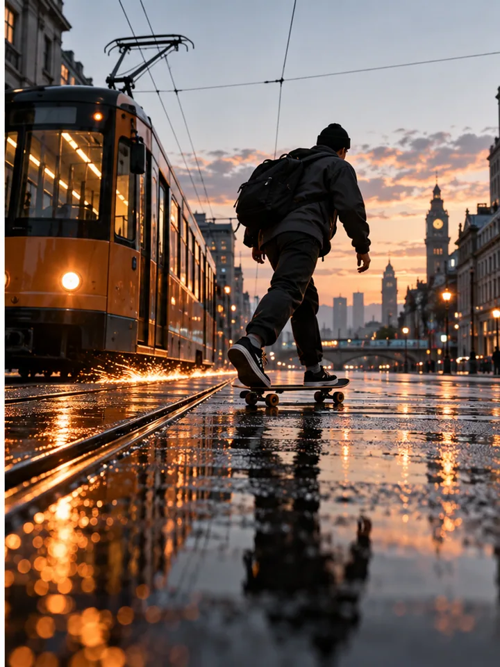 First Tram, Last Skate - Morning urban action editorial