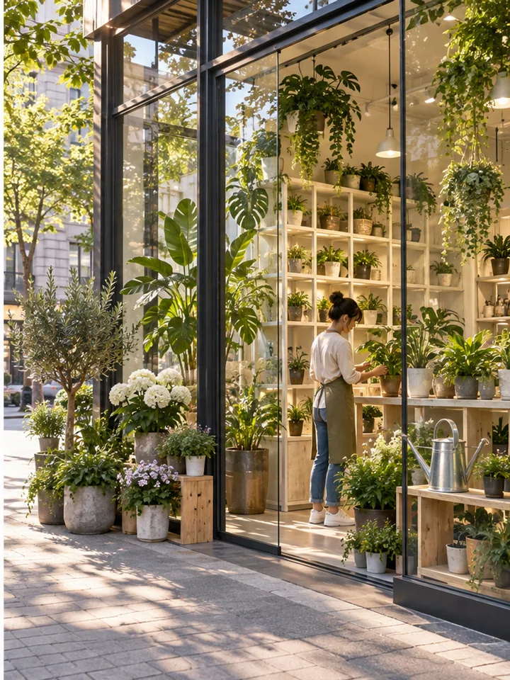 Plant Shop Opening - Clean commercial city morning