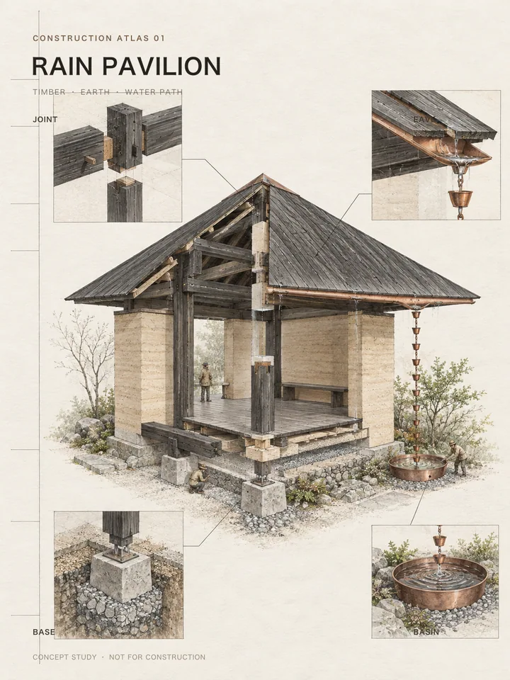 Rain Pavilion Atlas - Hand-drawn construction atlas