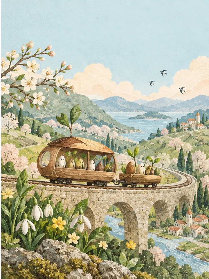 Seed Train, Early Spring - Textured storybook seasonal poster