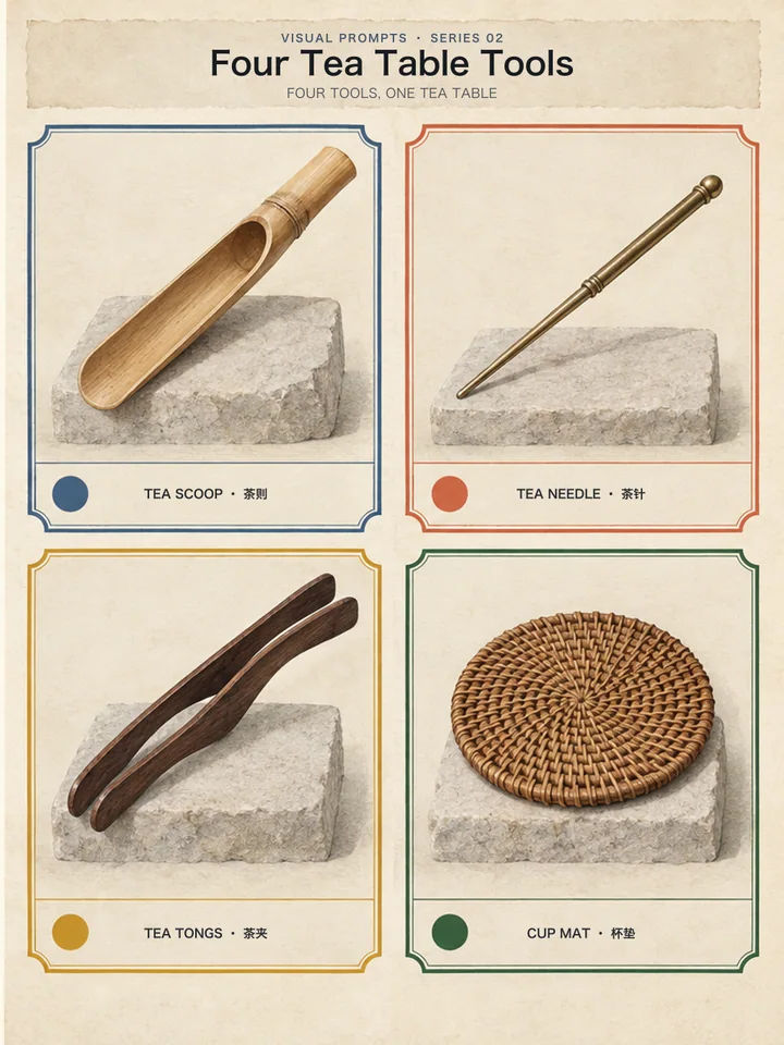 Four Tea Table Tools - Hand-drawn tea-tool cards